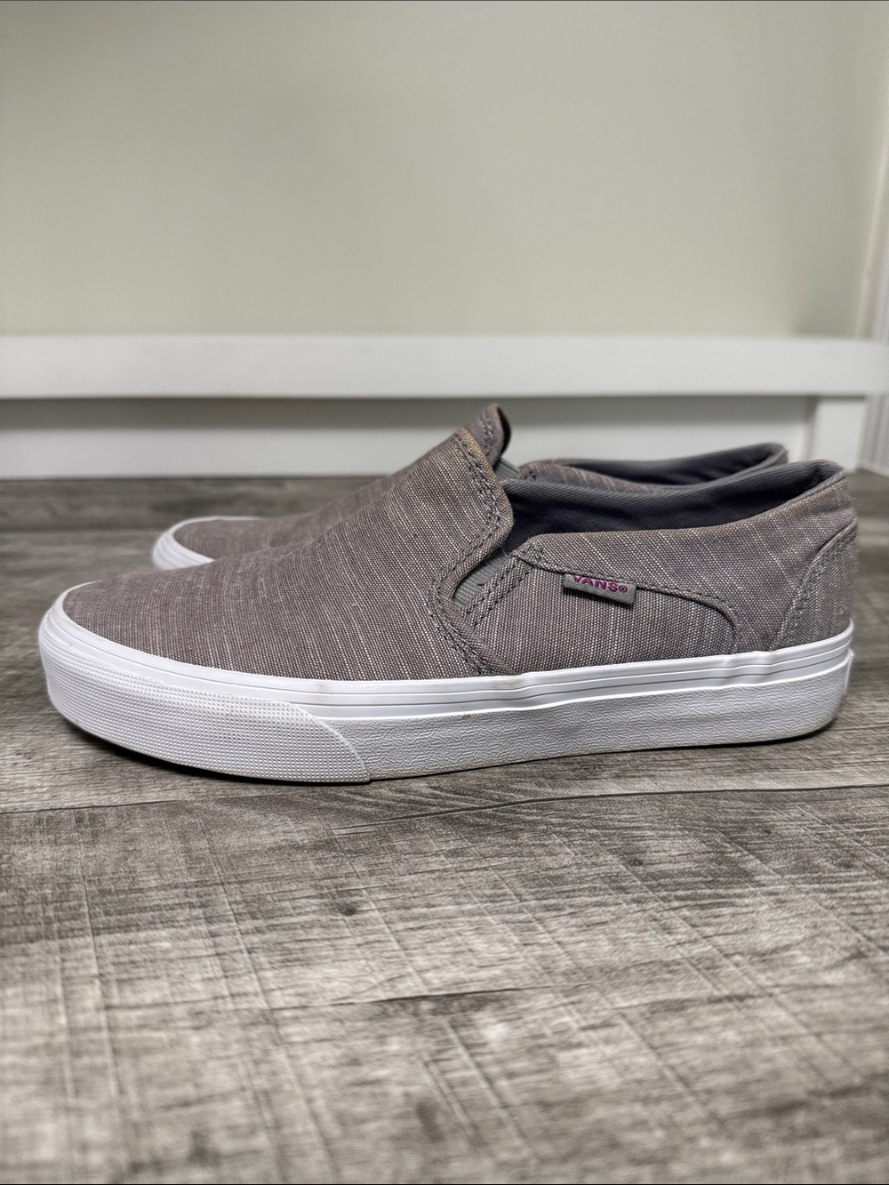 Vans Women’s Slip-On Sneakers in Gray Canvas with White Sole